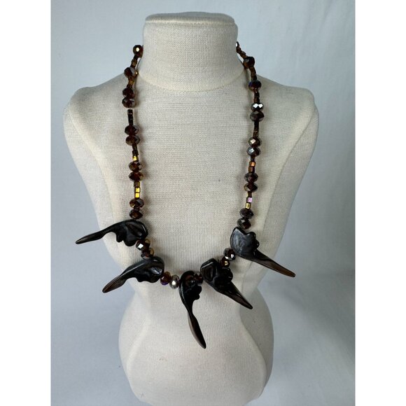 Handcrafted Smoky Quartz & Carved Stone Necklace With Toggle Clasp - Picture 11 of 16